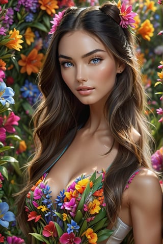 award-winning photo, A beautiful girl, looking like Megan Fox, young woman's sportswear and surrounded by bright colorful flowers, detailed skin, skin pores, magical fantasy, long hair, intricate, sharp focus, highly detailed, 3D, blue eyes, Megan Fox, ral-chrcrts