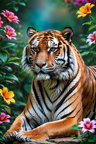 Close-up of majestic tiger in graceful pose in three-quarter view, colorful flowers around. Extremely realistic. A memorable photo.