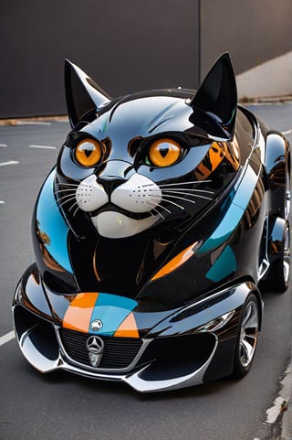 Photo 3/4 view of a car made for a cat lover. All inspired by the shapes of a cat, especially the giant head. Hood, windshield, all inspired by feline shapes. Made of glass and carbon fiber, chrome plated, highly reflective, futuristic designs. Details inspired by the feline shape and an integration of colors. A beautiful car on the road. An award-winning photo.,<lora:659095807385103906:1.0>