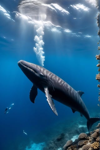 Photo of a sperm whale diving at the bottom of the sea trying to catch a school of fish in its coral environment. Natural aquatic environment, clear and clean waters. Extremely realistic. A memorable photo.