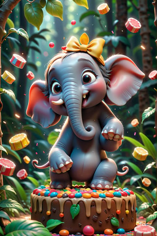Pixar Chibi, cuteness overload, cute and adorable cartoon, [An elephant having fun in a jungle clearing behind a giant fruitcake, surrounding confetti and leaves], photorealistic, cute, HDR, shaded, lens, chibi focus , hyper-detailed, filigree, big round eyes detailed, detailed, adorable, Jean Baptiste Monk, Carol Buck, Tyler Edlin, Perfect Composition, Beautifully Detailed, Trending on Artstation, 8K Fine Art Photography, Photorealistic Concept Art, Perfect Volumetric Cinematic Light, Natural brightness and contrast, chiaroscuro, award-winning photography, masterpieces, digital art, rafael, caravaggio, greg rutkowski, belle, bexinski, giger, children's fairy tale style, bright, vivid colors without saturation.