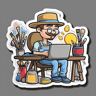 sticker, painter painting on computer, cartoon, contours
