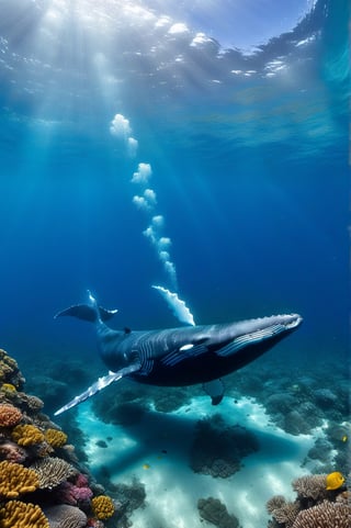 Photo of a whale at the bottom of the sea in its coral environment. School of colorful fish, Natural aquatic environment, clear and clean waters. Extremely realistic. A memorable photo.