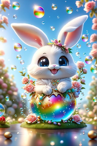 Chibi bunny, smile radiating cuteness, surrounded by roses, gifts, golden seeds, Easter eggs dotting the lawn, clear blue sky overhead, Miki Asai's signature macro photography style, close-up capturing rainbow reflections on soap bubbles, magic amulet glistening, trending on ArtStation, sharp focus at 1.5, studio setting, with Greg Rutkowski's intricate detailing in a 9k resolution image, vibrant, vivid colors, high detail, ultra-realistic