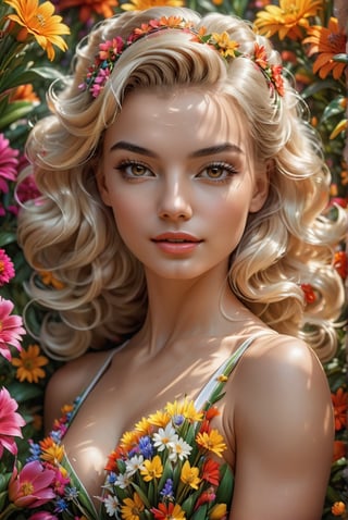 award-winning photo, A beautiful girl, looking like Marilyn Monroe, young woman sportswear and surrounded by bright colorful flowers, detailed skin, skin pores, magical fantasy, long hair, intricate, sharp focus, highly detailed, 3D, brown eyes, Marilyn Monroe.