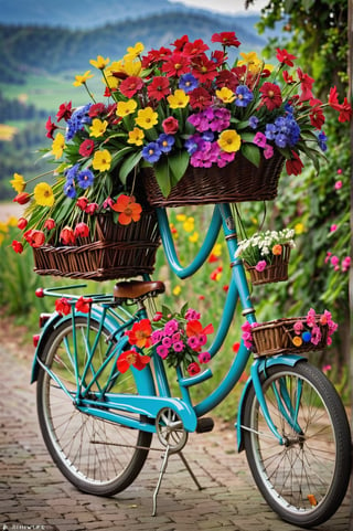 a basket of flowers on a bicycle, carrying flowers, full of flowers, flowers!!!!, beautiful flowers, colourful, full of colors, made of flowers, very colourful, full of color, full of colour, !!natural beauty!!, very beautiful photo, covered with flowers, beautiful colorful, full of colours, wow it is beautiful, beautiful and colorful