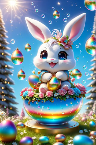 Chibi bunny, smile radiating cuteness, surrounded by roses, gifts, golden seeds, Easter eggs dotting the lawn, clear blue sky overhead, Miki Asai's signature macro photography style, close-up capturing rainbow reflections on soap bubbles, magic amulet glistening, trending on ArtStation, sharp focus at 1.5, studio setting, with Greg Rutkowski's intricate detailing in a 9k resolution image, vibrant, vivid colors, high detail, ultra-realistic