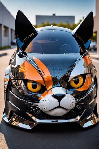 Photo of an external view of a car made for a cat lover. All inspired by the shapes of a cat, especially the giant head. Hood, windshield, all inspired by feline shapes. Made of glass and carbon fiber, chrome plated, highly reflective, futuristic designs. Details inspired by the feline shape and an integration of colors. An award-winning photo.,<lora:659095807385103906:1.0>
