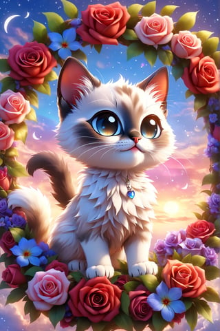 (masterpiece, best quality, ultra-detailed, sharp edges, 8K), vivid Colors, high detail, realisitc detailed. Charming and happy little kitten [Siamese] Chibi, in the dark, colorful roses wreath, eye contact, short and soft skin, kind smile, details of colorful flowers, a serene and contemplative rainbow in the sky, day sky background, chibi.