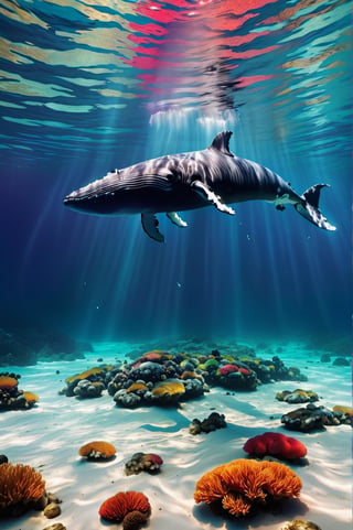 Photo of a whale at the bottom of the sea in its coral environment. School of colorful fish, Natural aquatic environment, clear and clean waters. Extremely realistic. A memorable photo.