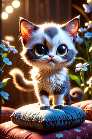 chibi adorable pixar style kitten [Siamese], standing on 4 paws on top of a cushion, details with small colorful flowers, photorealistic, cute, hdr, shaded, lens, focus on kitten, lighting, hyperdetailed, filigree, big round eyes detailed, detailed, adorable, Jean Baptiste Monge, Carol Buck, Tyler Edlin, Perfect Composition, Beautifully Detailed, Trending on Artstation, 8K Art Photography, Photorealistic Concept Art, Volumetric Cinematic Perfect Light, Natural Brightness and Contrast, Chiaroscuro, Award-Winning Photography, Masterpiece, Digital Art , rafael , caravaggio, greg rutkowski, belle, bexinski, giger, children's fairy tale style, bright and vivid colors without saturation.