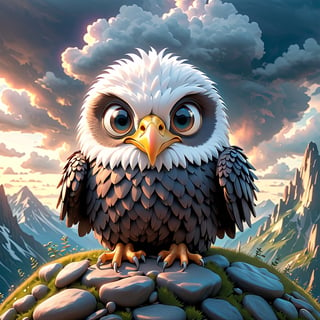 adorable pixar chibi eagle in its refuge high up on a mountain in an imposing pose of majesty, dark clouds, tornado, summer environment, photorealistic, cute, hdr, shadowed, lens, focus on rabbit, lighting, hyper-detailed, filigree, big eyes and detailed rounds, detailed, lovely, Jean Baptiste Monk, Carol Buck, Tyler Edlin, Perfect Composition, Beautifully Detailed, Trending on Artstation, 8K Fine Art Photography, Photorealistic Conceptual Art, Volumetric Cinematic Perfect Light, Natural Brightness and Contrast, Light- dark, award-winning photography, masterpieces, digital art, rafael, caravaggio, greg rutkowski, belle, bexinski, giger, children's fairy tale style, bright and vivid colors without saturation.