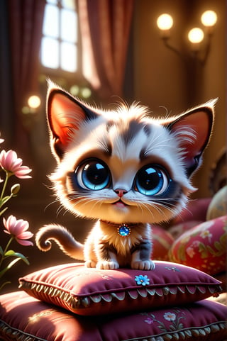 chibi adorable pixar style kitten [Siamese], standing on 4 paws on top of a cushion, details with small colorful flowers, photorealistic, cute, hdr, shaded, lens, focus on kitten, lighting, hyperdetailed, filigree, big round eyes detailed, detailed, adorable, Jean Baptiste Monge, Carol Buck, Tyler Edlin, Perfect Composition, Beautifully Detailed, Trending on Artstation, 8K Art Photography, Photorealistic Concept Art, Volumetric Cinematic Perfect Light, Natural Brightness and Contrast, Chiaroscuro, Award-Winning Photography, Masterpiece, Digital Art , rafael , caravaggio, greg rutkowski, belle, bexinski, giger, children's fairy tale style, bright and vivid colors without saturation.