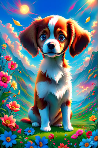 A captivating digital painting of a young Brittany puppy sitting in a comical pose, with its head tilted and an expression of doubt on its face. The puppy's eyes are filled with curiosity, and its fur is rendered with incredible detail and a vibrant sheen. The background showcases a serene spring weather scene, with blooming flowers, a blue sky, and a warm sun. This adorable and heartwarming artwork captures the essence of youthful innocence and the beauty of nature during the onset of spring.