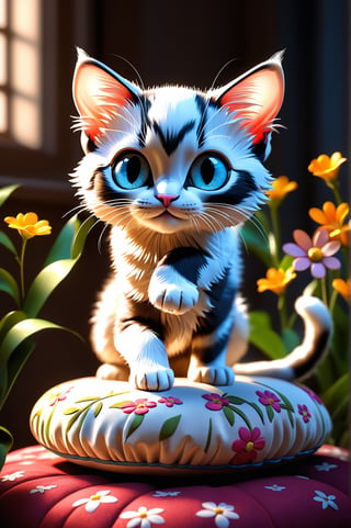 chibi adorable pixar style white kitten, standing on 4 paws on top of a cushion, details with small colorful flowers, photorealistic, cute, hdr, shaded, lens, focus on kitten, lighting, hyperdetailed, filigree, big round eyes detailed, detailed, adorable, Jean Baptiste Monge, Carol Buck, Tyler Edlin, Perfect Composition, Beautifully Detailed, Trending on Artstation, 8K Art Photography, Photorealistic Concept Art, Volumetric Cinematic Perfect Light, Natural Brightness and Contrast, Chiaroscuro, Award-Winning Photography, Masterpiece, Digital Art , rafael , caravaggio, greg rutkowski, belle, bexinski, giger, children's fairy tale style, bright and vivid colors without saturation.