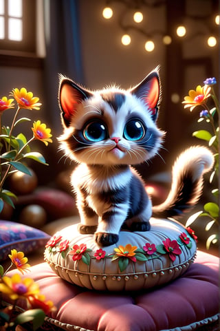 chibi adorable pixar style kitten [Siamese], standing on 4 paws on top of a cushion, details with small colorful flowers, photorealistic, cute, hdr, shaded, lens, focus on kitten, lighting, hyperdetailed, filigree, big round eyes detailed, detailed, adorable, Jean Baptiste Monge, Carol Buck, Tyler Edlin, Perfect Composition, Beautifully Detailed, Trending on Artstation, 8K Art Photography, Photorealistic Concept Art, Volumetric Cinematic Perfect Light, Natural Brightness and Contrast, Chiaroscuro, Award-Winning Photography, Masterpiece, Digital Art , rafael , caravaggio, greg rutkowski, belle, bexinski, giger, children's fairy tale style, bright and vivid colors without saturation.