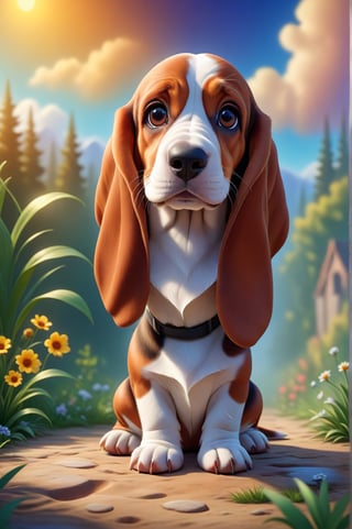There is a little puppy (Basset Hound) sitting in a funny pose,  beautiful digital painting,  cute digital art,  cute little dog,  cute detailed digital art,  adorable and cute,  very cute little dog,  a cute little dog,  beautiful 3D rendering,  cute little dog,  cute and adorable,  visual image of a cute and adorable puppy. Summer weather in the background.,,<lora:659095807385103906:1.0>