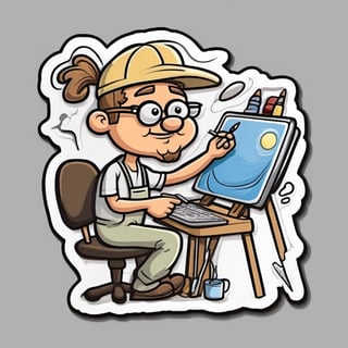 sticker, painter painting on computer, cartoon, contours