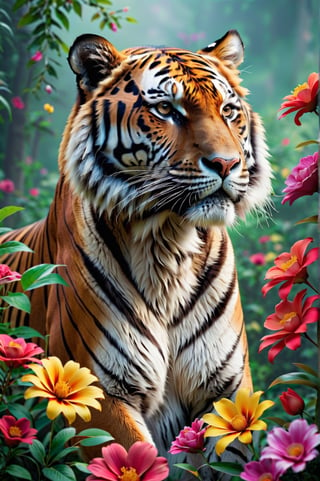 Close-up of majestic tiger in graceful pose in three-quarter view, colorful flowers around. Extremely realistic. A memorable photo.