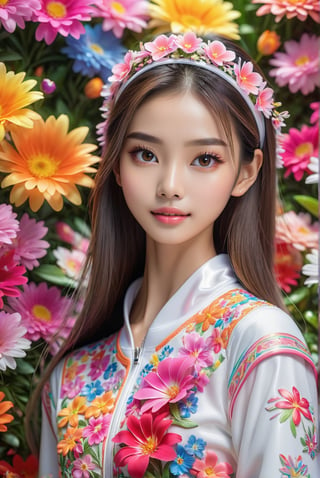 award-winning photo, A beautiful girl, looking like Angelababy, young woman's sportswear and surrounded by bright colorful flowers, detailed skin, skin pores, magical fantasy, long hair, intricate, sharp focus, highly detailed, 3D, bronw eyes, Angelababy, ral-chrcrts