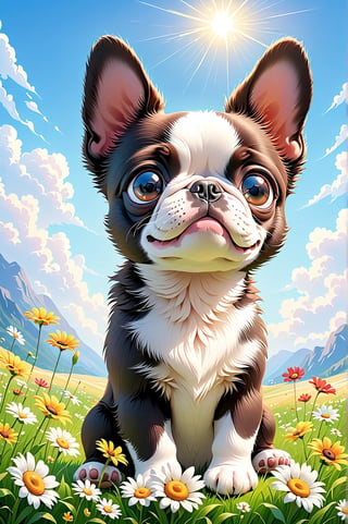 A captivating digital painting of a young [Boston Terrier] puppy sitting in a comical pose, with its head tilted and an expression of doubt on its face. The puppy's eyes are filled with curiosity, and its fur is rendered with incredible detail and a vibrant sheen. The background showcases a serene spring weather scene, with blooming flowers, a blue sky, and a warm sun. This adorable and heartwarming artwork captures the essence of youthful innocence and the beauty of nature during the onset of spring.