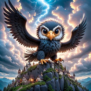 adorable pixar chibi eagle in its refuge high up on a mountain in an imposing pose of majesty, dark clouds, tornado, summer environment, photorealistic, cute, hdr, shadowed, lens, focus on rabbit, lighting, hyper-detailed, filigree, big eyes and detailed rounds, detailed, lovely, Jean Baptiste Monk, Carol Buck, Tyler Edlin, Perfect Composition, Beautifully Detailed, Trending on Artstation, 8K Fine Art Photography, Photorealistic Conceptual Art, Volumetric Cinematic Perfect Light, Natural Brightness and Contrast, Light- dark, award-winning photography, masterpieces, digital art, rafael, caravaggio, greg rutkowski, belle, bexinski, giger, children's fairy tale style, bright and vivid colors without saturation.
