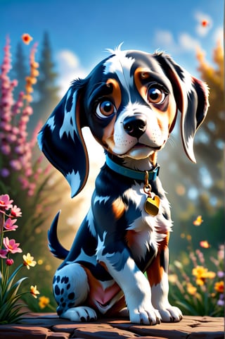 There is a very young puppy (Bluetick Coonhound) sitting in a funny pose, looking at the camera with an expression of doubt (that traditional posture of the head tilted with that question mark face). Beautiful digital painting, cute digital art, cute puppy, cute detailed digital art, adorable and cute, very cute puppy, a cute puppy, beautiful 3D rendering, cute puppy, cute and adorable, visual image of a cute and adorable puppy. Spring weather in the background,