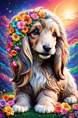 (masterpiece, best quality, ultra-detailed, 8K), high detail, realisitc detailed, Charming and happy little puppy [Afghan Hound] Chibi, in the dark, colorful roses wreath, brown eyes, eye contact, short and soft skin, kind smile, details of colorful flowers, a serene and contemplative rainbow in the sky, day sky background, chibi
