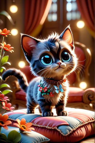 chibi adorable pixar style kitten, standing on 4 paws on top of a cushion, details with small colorful flowers, photorealistic, cute, hdr, shaded, lens, focus on kitten, lighting, hyperdetailed, filigree, big round eyes detailed, detailed, adorable, Jean Baptiste Monge, Carol Buck, Tyler Edlin, Perfect Composition, Beautifully Detailed, Trending on Artstation, 8K Art Photography, Photorealistic Concept Art, Volumetric Cinematic Perfect Light, Natural Brightness and Contrast, Chiaroscuro, Award-Winning Photography, Masterpiece, Digital Art , rafael , caravaggio, greg rutkowski, belle, bexinski, giger, children's fairy tale style, bright and vivid colors without saturation.