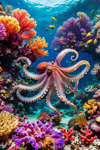 Photo of giant octopus at the bottom of the sea in its coral environment. School of colorful fish, natural aquatic environment, clear and clean waters. Extremely realistic. A memorable photo.