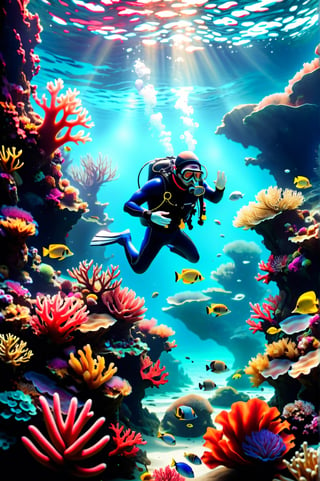 Photo of a human diver at the bottom of the sea releasing air bubbles. Coral reef, natural aquatic environment, clear and clean water. Extremely realistic. A memorable photo.,Flora,,