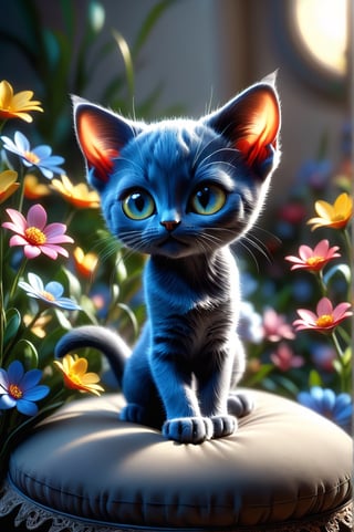 chibi adorable pixar style kitten [Russian Blue], standing on 4 paws on top of a cushion, details with small colorful flowers, photorealistic, cute, hdr, shaded, lens, focus on kitten, lighting, hyperdetailed, filigree, big round eyes detailed, detailed, adorable, Jean Baptiste Monge, Carol Buck, Tyler Edlin, Perfect Composition, Beautifully Detailed, Trending on Artstation, 8K Art Photography, Photorealistic Concept Art, Volumetric Cinematic Perfect Light, Natural Brightness and Contrast, Chiaroscuro, Award-Winning Photography, Masterpiece, Digital Art , rafael , caravaggio, greg rutkowski, belle, bexinski, giger, children's fairy tale style, bright and vivid colors without saturation.,Flora