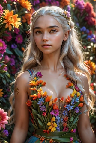 award-winning photo, A beautiful girl, Daenerys Targaryen, young woman sportswear and surrounded by bright colorful flowers, detailed skin, skin pores, magical fantasy, long hair, intricate, sharp focus, highly detailed, 3D, brown eyes, Daenerys Targaryen.