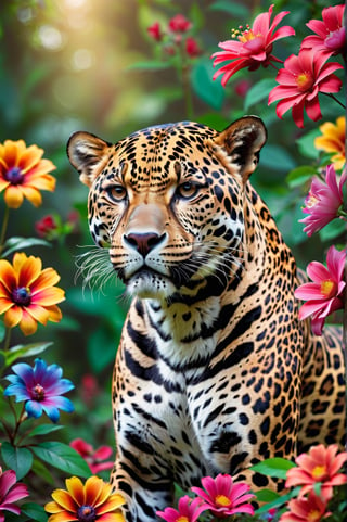 Close-up of a cute jaguar in graceful pose in three-quarter view,  colorful flowers around. Extremely realistic. A memorable photo.,Flora