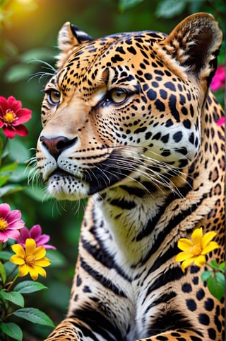 Close-up of a cute jaguar in graceful pose in three-quarter view,  colorful flowers around. Extremely realistic. A memorable photo.,Flora