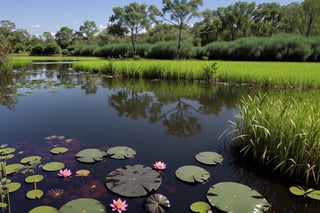 Swamp with black Lotus flowers floating in the water