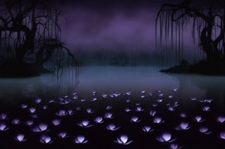 late evening in a misty Swamp with black Lotus flowers floating in the water, slight bioluminescence to the petals, a purple hue to everythingDonMn1ghtm4reXL