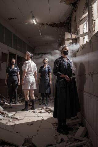 A hauntingly eerie scene unfolds: a group of nurses in worn, 1950s-style uniforms, their faces pale and tired, stand solemnly amidst the crumbling remains of an abandoned hospital. The flickering fluorescent lights above cast long shadows across the walls as they gaze down at something on the floor. Their expressions convey a mix of sadness, fear, and resignation. In the background, the eerie mist-shrouded fog creeps in through broken windows, adding to the sense of foreboding.