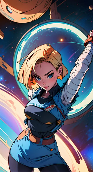 masterpiece, ultra realistic, 8K, Android_18_DB, cute face, detail face, denim skirt, pantyhose, face focus, arms behind back bound, shibari, blond hair, i(nside space station scene in outer space),  dark window with stars and galaxy, cowboy shot, sexy pose,  medium_breast_bondage