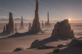 A lone shark, its grey skin glistening in the crimson sunset glow on a distant planet's dusty terrain, cautiously approaches a peculiar cactus-like formation, its barbed spines reaching towards the sky like nature's own abstract sculpture.
