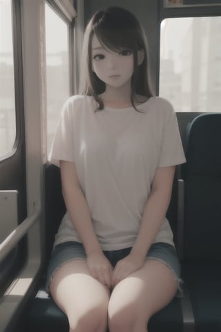 cute girl sitting on a bus, natural lighting from window, 35mm lens, soft and subtle lighting, girl centered in frame, shoot from eye level, incorporate cool and calming colors,hentai
