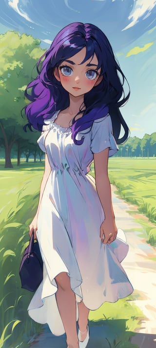 A serene and idyllic scene unfolds as a stunning solo girl walks down a winding country path bathed in warm bright sunshine. Her very long flowing black hair cascades down her back like a waterfall of night, while her bright purple locks peek out from beneath the loose folds of her pure white sundress. The fabric flows behind her like a cloud, held up by one hand as she moves effortlessly barefoot on the dirt path. Her big blue eyes sparkle with a subtle smile, inviting the viewer to connect with her sweet face and mature female features. The lush green trees and grass in the background provide a rich contrast to the simplicity of the subject, who stands out against the vast expanse of blue sky above.