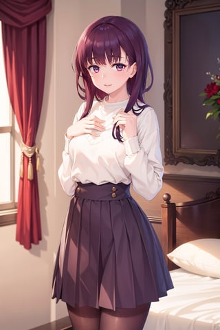 (masterpiece, Best  Quality,  High Quality,  Best Picture Quality Score: 1.3),  (Sharp Picture Quality),  Perfect Beauty: 1.5,dark purple Hair,long hair    One,  Beautiful Girl,Cute,long Skirt,Very Beautiful View, beauty_mark, stockings, Hazuki, legs,   1girl. , smile,  masterpiece,  bedroom, ,masterpiece, side view composition, boyfriend_sweater,best quality