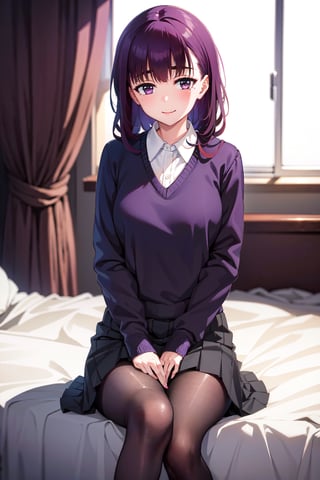 (masterpiece, Best  Quality,  High Quality,  Best Picture Quality Score: 1.3),  (Sharp Picture Quality),  Perfect Beauty: 1.5,dark purple Hair,long hair    One,  Beautiful Girl,Cute,long Skirt,Very Beautiful View, beauty_mark, stockings, Hazuki, legs,   1girl. , smile,  masterpiece,  bedroom, ,masterpiece, sitting_down, side view composition, boyfriend_sweater,