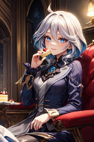 furina, Elegant appearance, sitting on throne eating a delicious cake, her face radiates satisfaction. Background in a royal hall luxuriously decorated with fantastic elements, at night with moonlight filtering in. Setting in a fantasy world where magic and reality intertwine. Anime image style with vibrant details and eye-catching colors, high resolution image quality with accurate details and realistic textures. Focal lighting that highlights Furina's figure and creates dramatic shadows. Medium shot composition that highlights Furina's face and the cake she is enjoying.

,