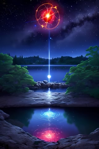 lumine_genshin, summon red energy orb, night, stars, light details, colorful, lake behind, angry, 
