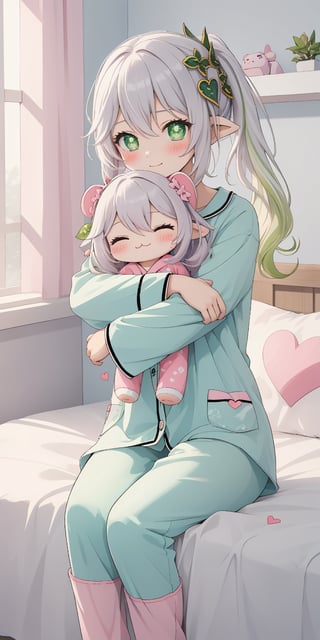 nahidarnd, loli, tiny_girl, (masterpiece), best quality, ultra-detailed, illustration, kawaii style, pastel colors, kawaii, cute colors, pastel colors, green pijama, sweat, blush, bed, room, :), happy, sitting, bed, green pajama, hugging, heart doll, 