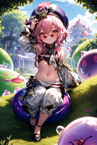 masterpiece, high_resolution, ultra-detailed, full_body, yellow eyes, doridef, best quality, loli, flat_chest, dori glasses, looking-at-viewer,  is lying calmly on a gelatinous sphere, which appears to be a purple slime. Her hands are behind her head, showing a relaxed and carefree posture. On her face is a broad smile, reflecting her contentment. The surroundings are a beautiful landscape full of lush green grass, creating a serene and pleasant atmosphere.