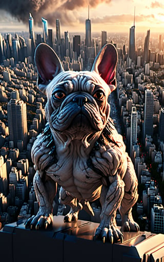 ultra photo-realistic, digital epic concept art, rendered in cinema octane, detailed hot maw, Extreme Long Shot, a godzilla size french bulldog looking over a city,