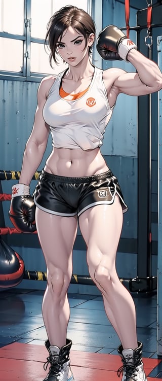 masterpiece, extremely detailed, extremely detailed face,
1 woman boxer, fitness model body, hourglass body shape, short body and long legs, large breasts, cameltoe,
((tank top and shorts: 1.2)), boxing gloves and boots,
At boxing gym,